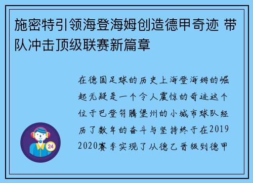 施密特引领海登海姆创造德甲奇迹 带队冲击顶级联赛新篇章