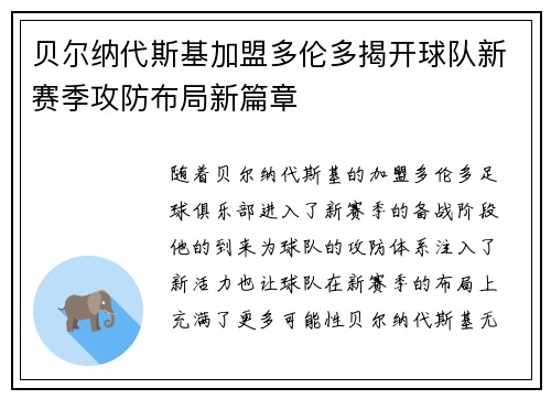 贝尔纳代斯基加盟多伦多揭开球队新赛季攻防布局新篇章